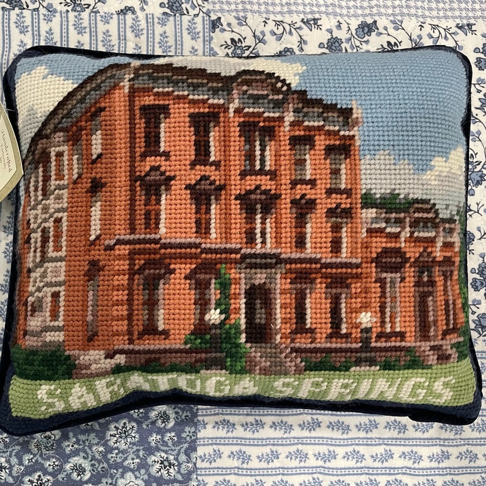 Saratoga Springs Canfield Casino Historic Building Needlepoint Pillow New W Tags